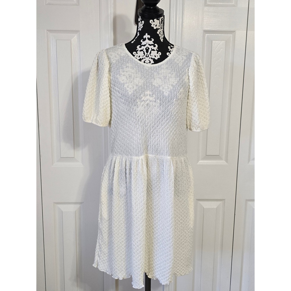 Culture Code Textured Puff Sleeve Drop Waist Midi Dress‎ Cream M